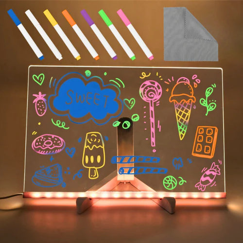 Magic LED Drawing Board 30x20 cm + 7 Coloured Markers + Erasing Cloth